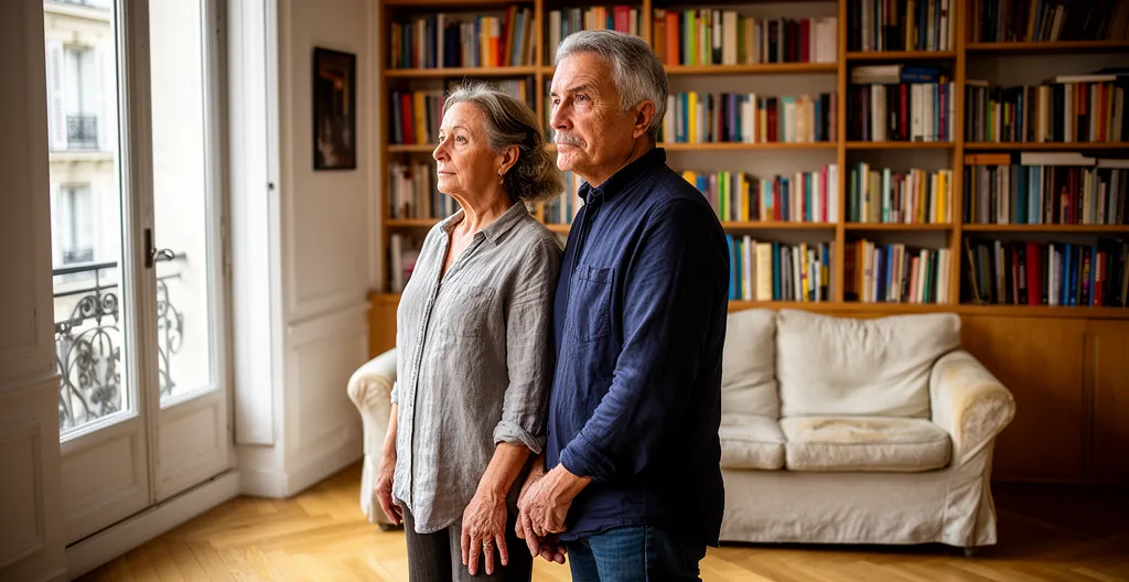 Couple quinquagénaire en réflexion dans un salon d'appartement parisien