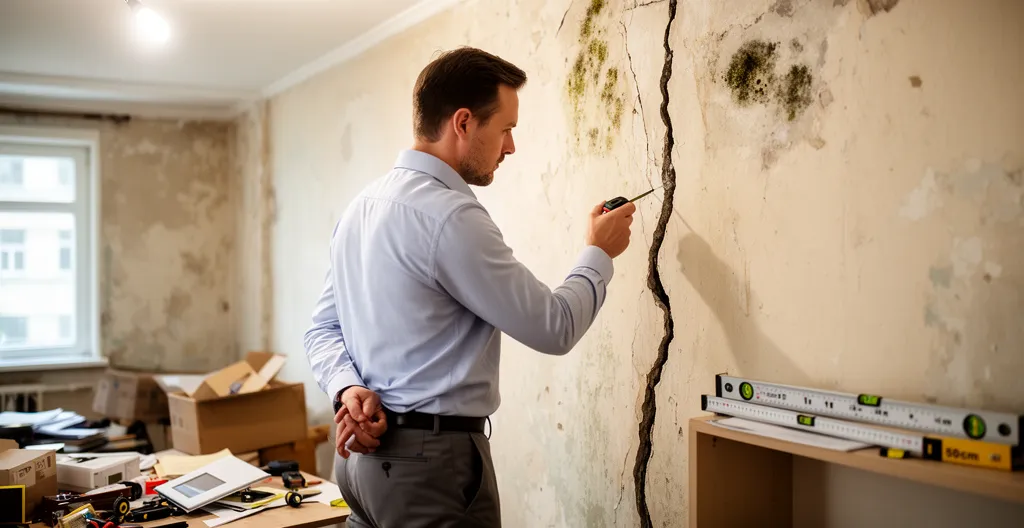 Expert immobilier examinant un détail technique sur un mur d'appartement ancien