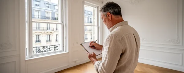 Expert immobilier inspectant un appartement haussmannien parisien lumineux