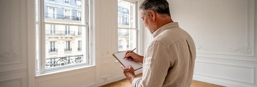 Expert immobilier inspectant un appartement haussmannien parisien lumineux